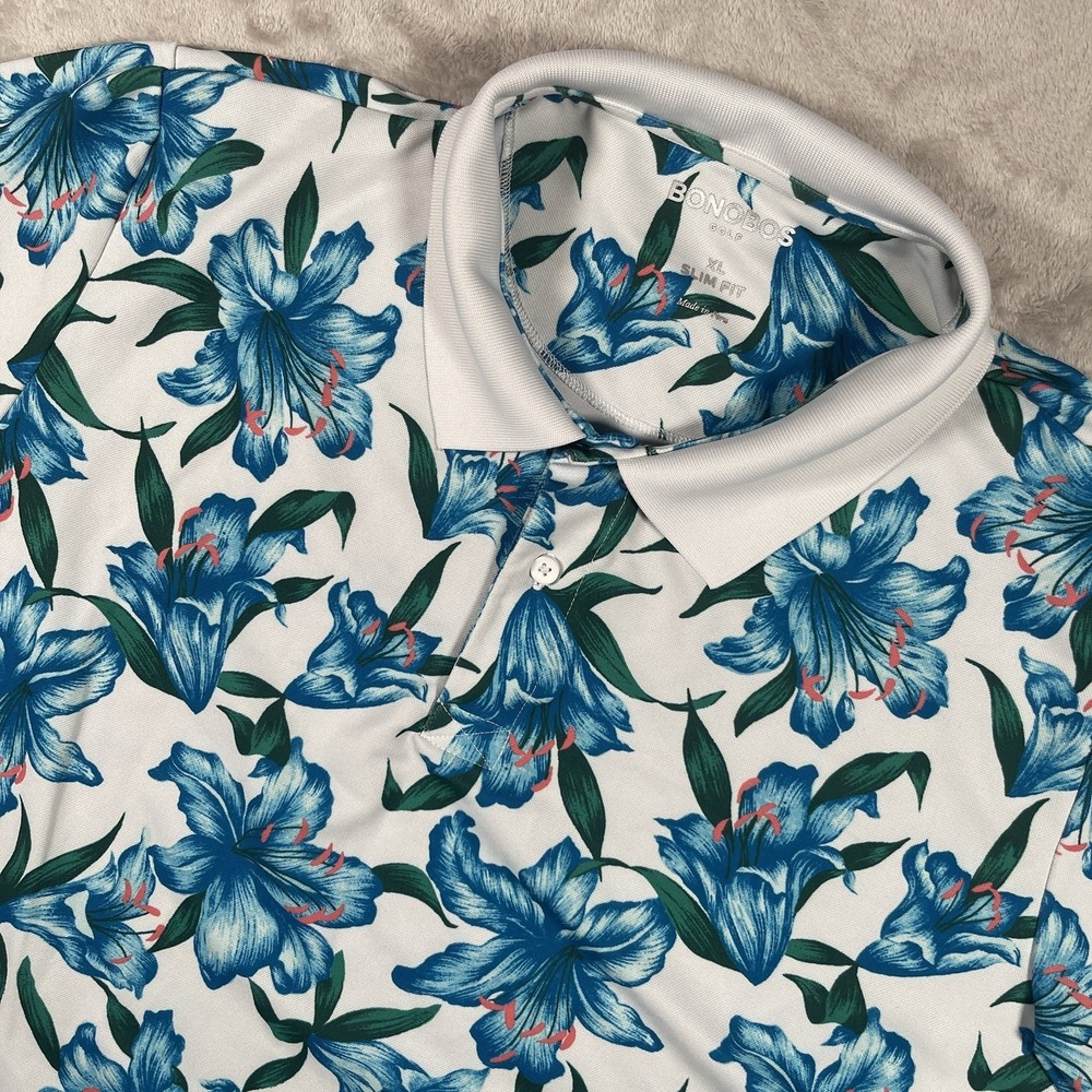 Bonobos Golf Polo Shirt‎ Mens XL Slim Fit Blue Plumeria Floral Performance
